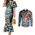 Personalized Collingwood Football Magpies Couples Matching Mermaid Dress and Long Sleeve Button Shirt Tropical Hibiscus Flowers - Pacific Fusion Style