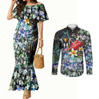 Personalized Collingwood Football Magpies Couples Matching Mermaid Dress and Long Sleeve Button Shirt Tropical Hibiscus Flowers - Pacific Fusion Style