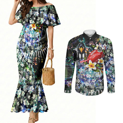 Personalized Collingwood Football Magpies Couples Matching Mermaid Dress and Long Sleeve Button Shirt Tropical Hibiscus Flowers - Pacific Fusion Style