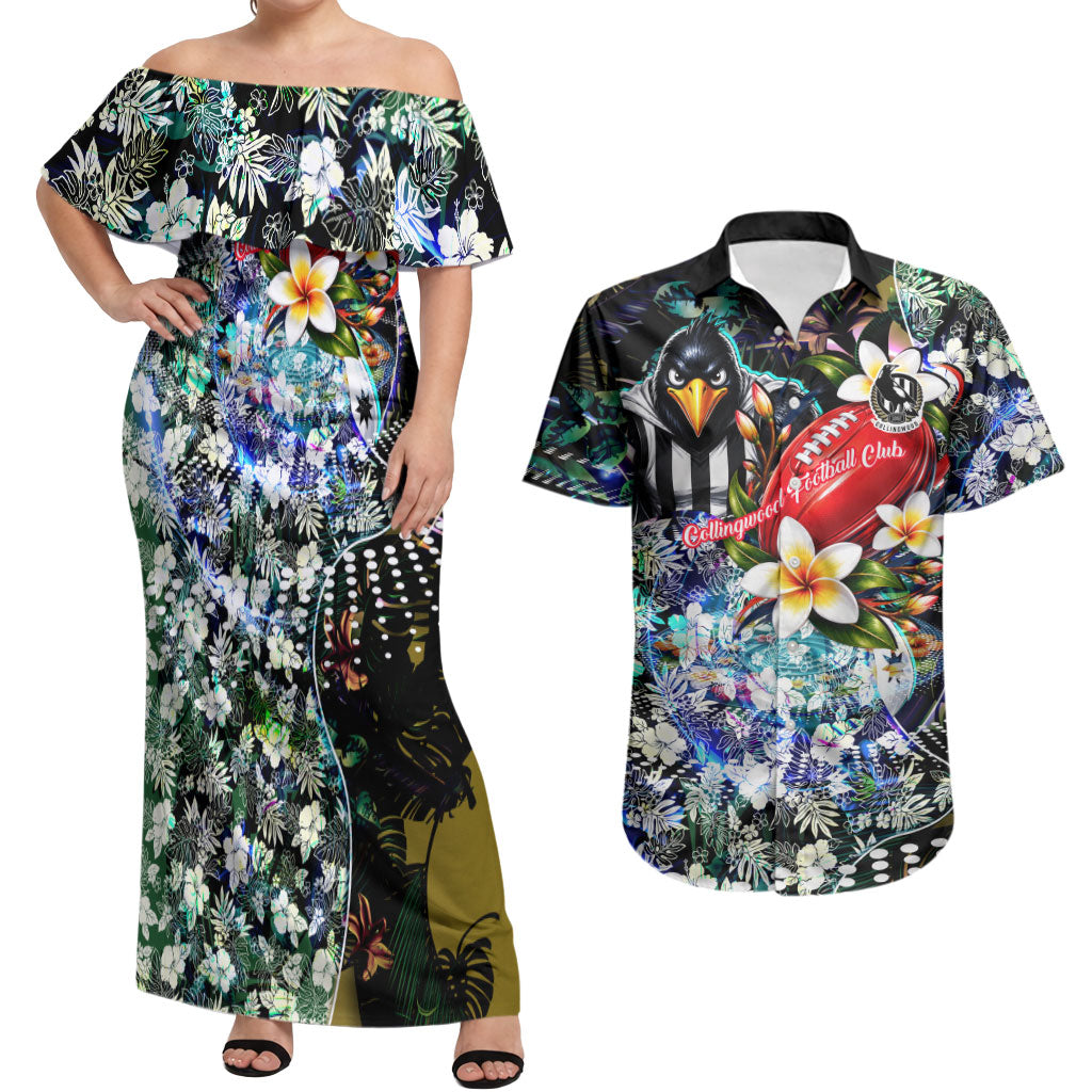 Personalized Collingwood Football Magpies Couples Matching Off Shoulder Maxi Dress and Hawaiian Shirt Tropical Hibiscus Flowers - Pacific Fusion Style