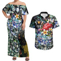 Personalized Collingwood Football Magpies Couples Matching Off Shoulder Maxi Dress and Hawaiian Shirt Tropical Hibiscus Flowers - Pacific Fusion Style
