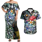 Personalized Collingwood Football Magpies Couples Matching Off Shoulder Maxi Dress and Hawaiian Shirt Tropical Hibiscus Flowers - Pacific Fusion Style