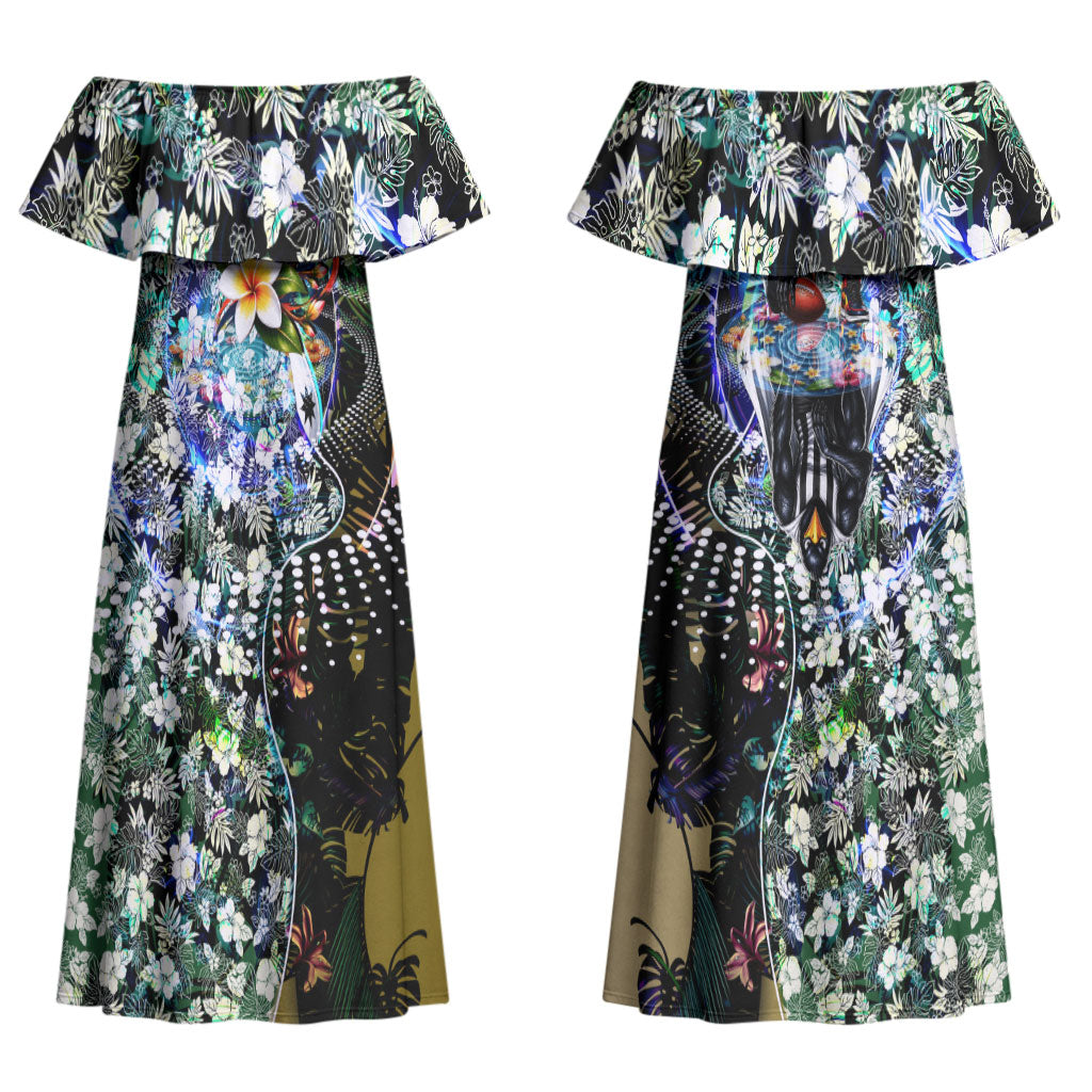 Personalized Collingwood Football Magpies Couples Matching Off Shoulder Maxi Dress and Hawaiian Shirt Tropical Hibiscus Flowers - Pacific Fusion Style