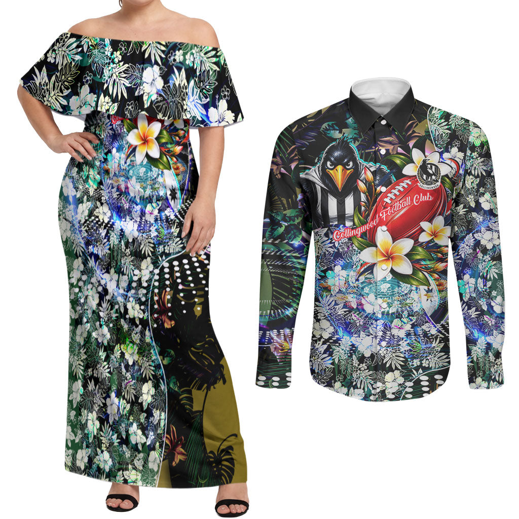 Personalized Collingwood Football Magpies Couples Matching Off Shoulder Maxi Dress and Long Sleeve Button Shirt Tropical Hibiscus Flowers - Pacific Fusion Style