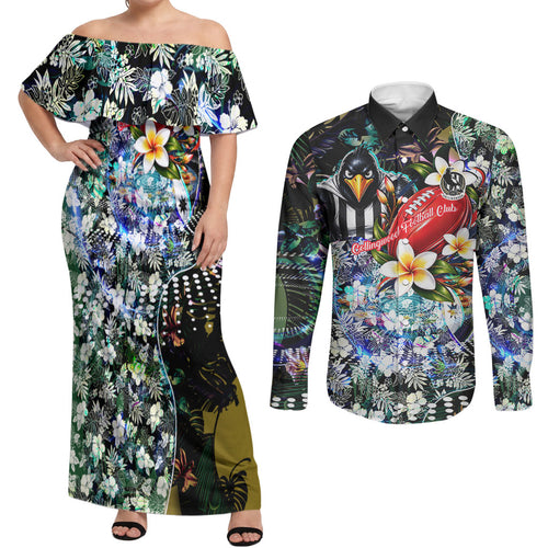 Personalized Collingwood Football Magpies Couples Matching Off Shoulder Maxi Dress and Long Sleeve Button Shirt Tropical Hibiscus Flowers - Pacific Fusion Style