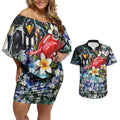 Personalized Collingwood Football Magpies Couples Matching Off Shoulder Short Dress and Hawaiian Shirt Tropical Hibiscus Flowers - Pacific Fusion Style