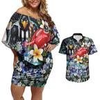 Personalized Collingwood Football Magpies Couples Matching Off Shoulder Short Dress and Hawaiian Shirt Tropical Hibiscus Flowers - Pacific Fusion Style
