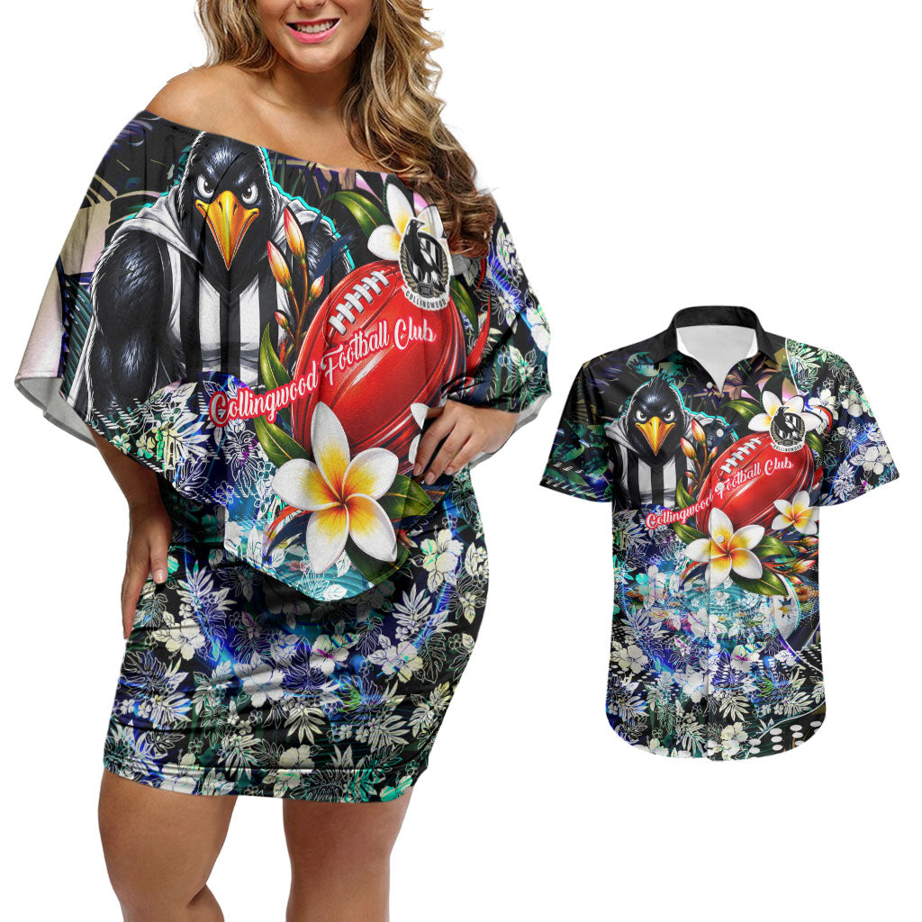 Personalized Collingwood Football Magpies Couples Matching Off Shoulder Short Dress and Hawaiian Shirt Tropical Hibiscus Flowers - Pacific Fusion Style