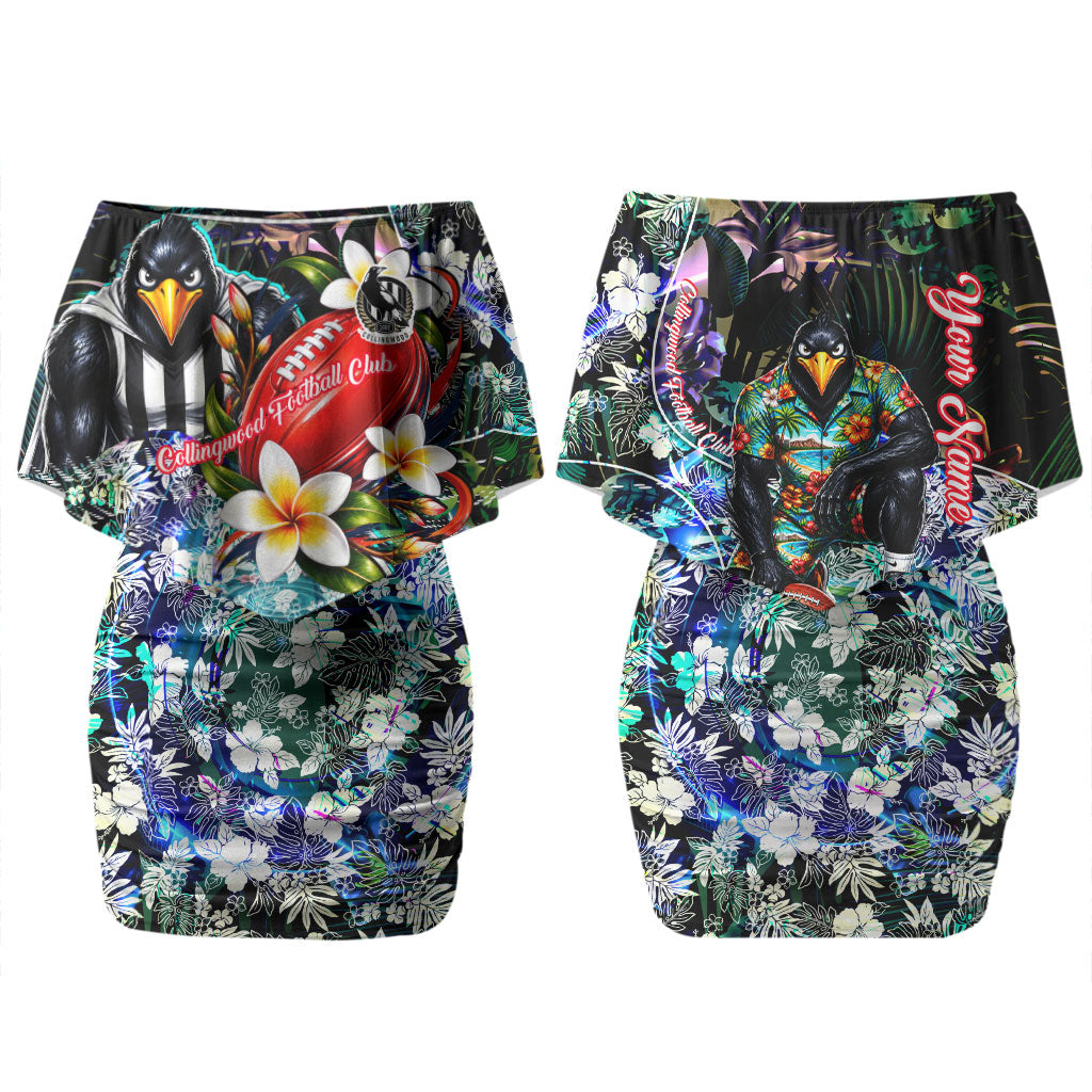 Personalized Collingwood Football Magpies Couples Matching Off Shoulder Short Dress and Hawaiian Shirt Tropical Hibiscus Flowers - Pacific Fusion Style