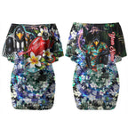 Personalized Collingwood Football Magpies Couples Matching Off Shoulder Short Dress and Hawaiian Shirt Tropical Hibiscus Flowers - Pacific Fusion Style