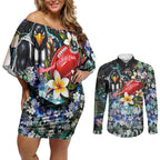 Personalized Collingwood Football Magpies Couples Matching Off Shoulder Short Dress and Long Sleeve Button Shirt Tropical Hibiscus Flowers - Pacific Fusion Style
