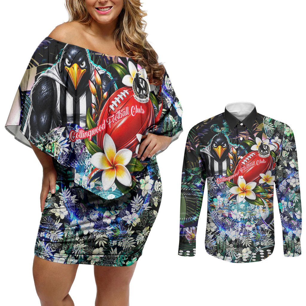 Personalized Collingwood Football Magpies Couples Matching Off Shoulder Short Dress and Long Sleeve Button Shirt Tropical Hibiscus Flowers - Pacific Fusion Style