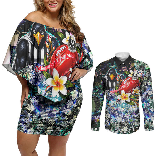 Personalized Collingwood Football Magpies Couples Matching Off Shoulder Short Dress and Long Sleeve Button Shirt Tropical Hibiscus Flowers - Pacific Fusion Style