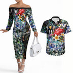Personalized Collingwood Football Magpies Couples Matching Off The Shoulder Long Sleeve Dress and Hawaiian Shirt Tropical Hibiscus Flowers - Pacific Fusion Style