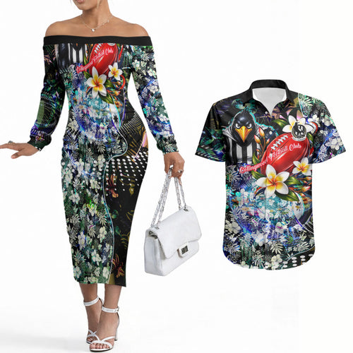 Personalized Collingwood Football Magpies Couples Matching Off The Shoulder Long Sleeve Dress and Hawaiian Shirt Tropical Hibiscus Flowers - Pacific Fusion Style