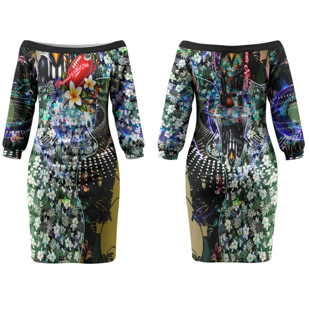 Personalized Collingwood Football Magpies Couples Matching Off The Shoulder Long Sleeve Dress and Hawaiian Shirt Tropical Hibiscus Flowers - Pacific Fusion Style