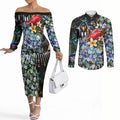 Personalized Collingwood Football Magpies Couples Matching Off The Shoulder Long Sleeve Dress and Long Sleeve Button Shirt Tropical Hibiscus Flowers - Pacific Fusion Style