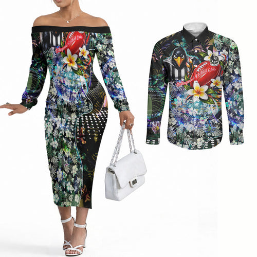Personalized Collingwood Football Magpies Couples Matching Off The Shoulder Long Sleeve Dress and Long Sleeve Button Shirt Tropical Hibiscus Flowers - Pacific Fusion Style