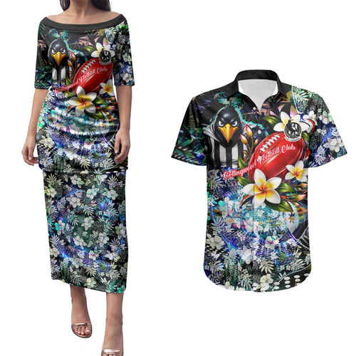 Personalized Collingwood Football Magpies Couples Matching Puletasi and Hawaiian Shirt Tropical Hibiscus Flowers - Pacific Fusion Style