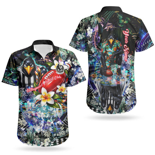 Personalized Collingwood Football Magpies Couples Matching Puletasi and Hawaiian Shirt Tropical Hibiscus Flowers - Pacific Fusion Style