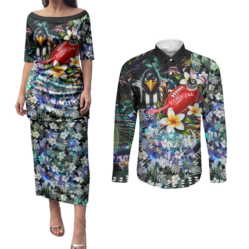 Personalized Collingwood Football Magpies Couples Matching Puletasi and Long Sleeve Button Shirt Tropical Hibiscus Flowers - Pacific Fusion Style