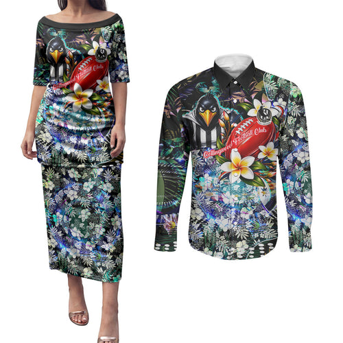Personalized Collingwood Football Magpies Couples Matching Puletasi and Long Sleeve Button Shirt Tropical Hibiscus Flowers - Pacific Fusion Style