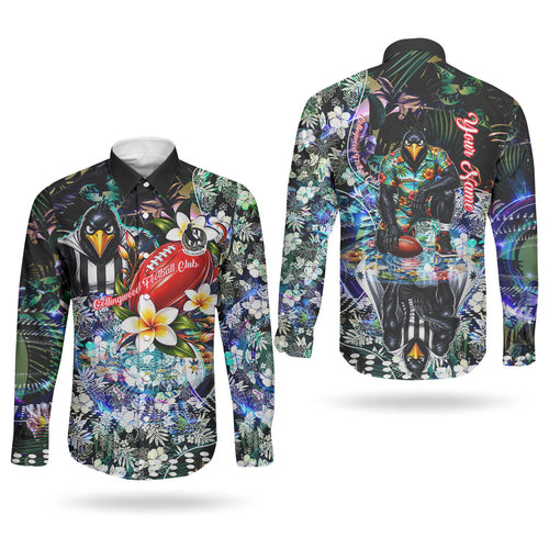 Personalized Collingwood Football Magpies Couples Matching Puletasi and Long Sleeve Button Shirt Tropical Hibiscus Flowers - Pacific Fusion Style
