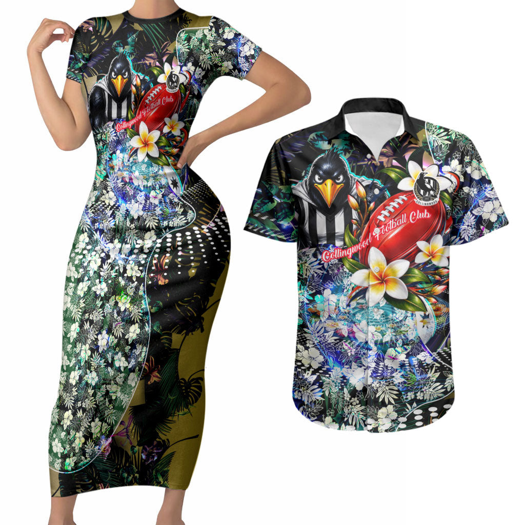 Personalized Collingwood Football Magpies Couples Matching Short Sleeve Bodycon Dress and Hawaiian Shirt Tropical Hibiscus Flowers - Pacific Fusion Style