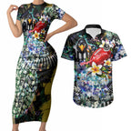 Personalized Collingwood Football Magpies Couples Matching Short Sleeve Bodycon Dress and Hawaiian Shirt Tropical Hibiscus Flowers - Pacific Fusion Style