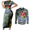 Personalized Collingwood Football Magpies Couples Matching Short Sleeve Bodycon Dress and Long Sleeve Button Shirt Tropical Hibiscus Flowers - Pacific Fusion Style