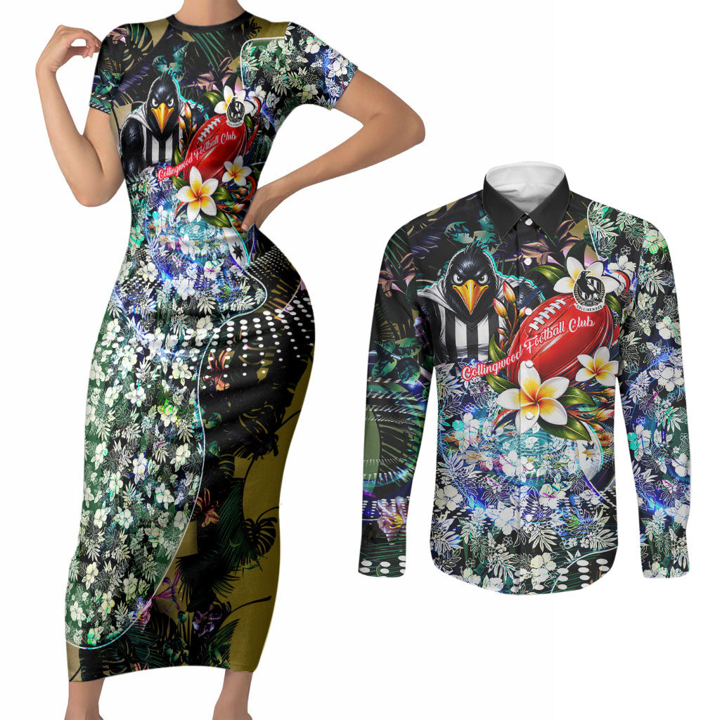Personalized Collingwood Football Magpies Couples Matching Short Sleeve Bodycon Dress and Long Sleeve Button Shirt Tropical Hibiscus Flowers - Pacific Fusion Style
