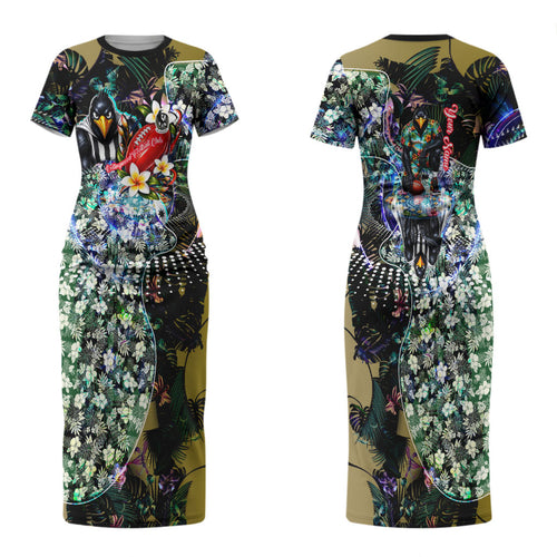 Personalized Collingwood Football Magpies Couples Matching Short Sleeve Bodycon Dress and Long Sleeve Button Shirt Tropical Hibiscus Flowers - Pacific Fusion Style