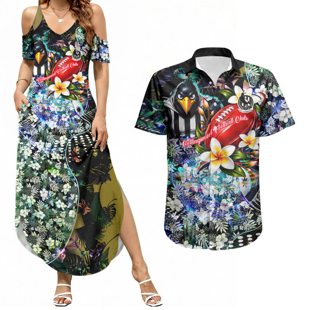 Personalized Collingwood Football Magpies Couples Matching Summer Maxi Dress and Hawaiian Shirt Tropical Hibiscus Flowers - Pacific Fusion Style