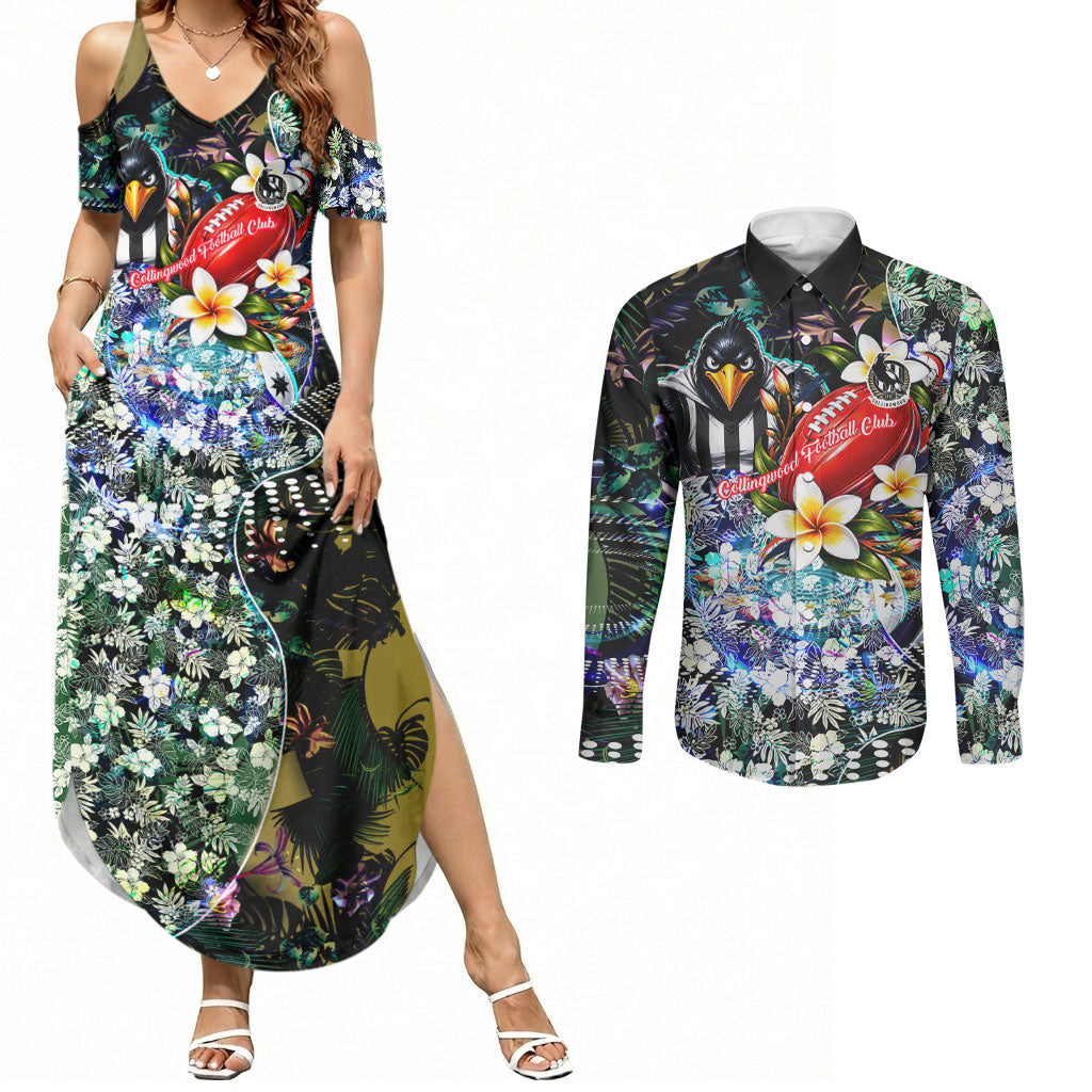 Personalized Collingwood Football Magpies Couples Matching Summer Maxi Dress and Long Sleeve Button Shirt Tropical Hibiscus Flowers - Pacific Fusion Style