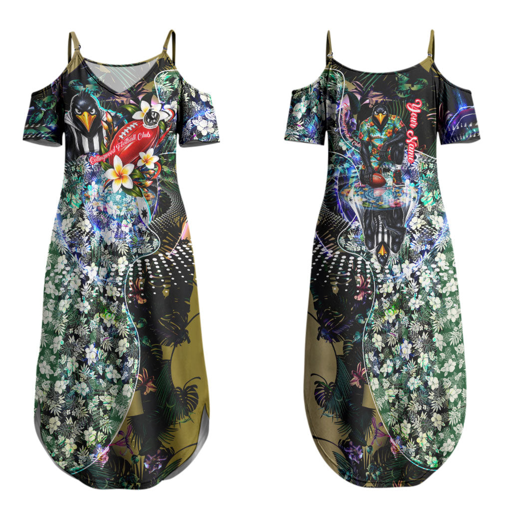Personalized Collingwood Football Magpies Couples Matching Summer Maxi Dress and Long Sleeve Button Shirt Tropical Hibiscus Flowers - Pacific Fusion Style
