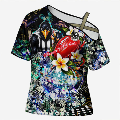 Personalized Collingwood Football Magpies Cross Shoulder Shirt Tropical Hibiscus Flowers - Pacific Fusion Style