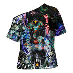 Personalized Collingwood Football Magpies Cross Shoulder Shirt Tropical Hibiscus Flowers - Pacific Fusion Style
