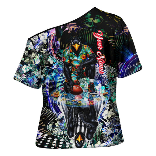 Personalized Collingwood Football Magpies Cross Shoulder Shirt Tropical Hibiscus Flowers - Pacific Fusion Style