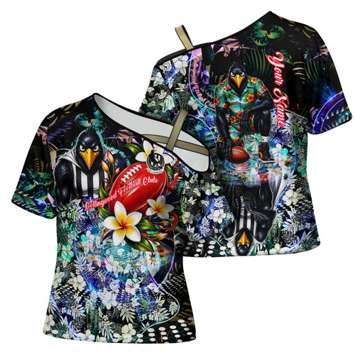 Personalized Collingwood Football Magpies Cross Shoulder Shirt Tropical Hibiscus Flowers - Pacific Fusion Style