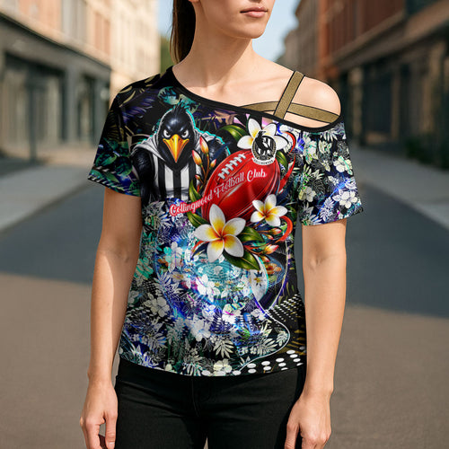 Personalized Collingwood Football Magpies Cross Shoulder Shirt Tropical Hibiscus Flowers - Pacific Fusion Style