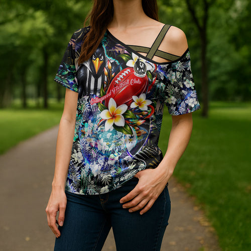 Personalized Collingwood Football Magpies Cross Shoulder Shirt Tropical Hibiscus Flowers - Pacific Fusion Style