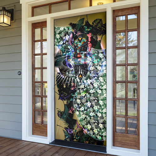 Personalized Collingwood Football Magpies Door Cover Tropical Hibiscus Flowers - Pacific Fusion Style