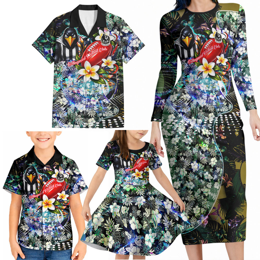 Personalized Collingwood Football Magpies Family Matching Long Sleeve Bodycon Dress and Hawaiian Shirt Tropical Hibiscus Flowers - Pacific Fusion Style