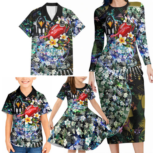 Personalized Collingwood Football Magpies Family Matching Long Sleeve Bodycon Dress and Hawaiian Shirt Tropical Hibiscus Flowers - Pacific Fusion Style