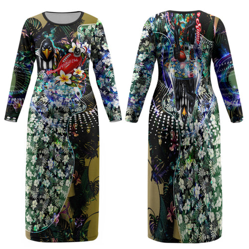 Personalized Collingwood Football Magpies Family Matching Long Sleeve Bodycon Dress and Hawaiian Shirt Tropical Hibiscus Flowers - Pacific Fusion Style