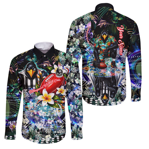 Personalized Collingwood Football Magpies Family Matching Long Sleeve Bodycon Dress and Hawaiian Shirt Tropical Hibiscus Flowers - Pacific Fusion Style