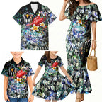 Personalized Collingwood Football Magpies Family Matching Mermaid Dress and Hawaiian Shirt Tropical Hibiscus Flowers - Pacific Fusion Style