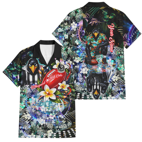 Personalized Collingwood Football Magpies Family Matching Mermaid Dress and Hawaiian Shirt Tropical Hibiscus Flowers - Pacific Fusion Style