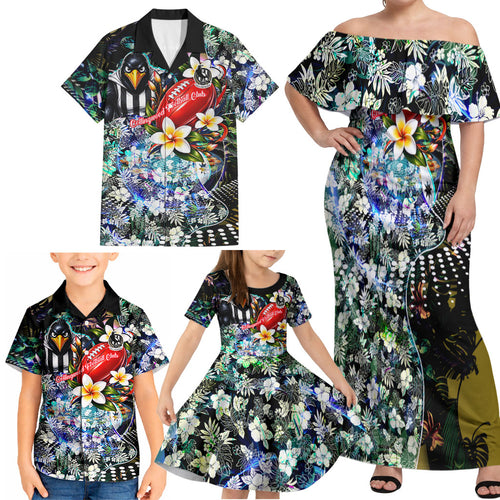 Personalized Collingwood Football Magpies Family Matching Off Shoulder Maxi Dress and Hawaiian Shirt Tropical Hibiscus Flowers - Pacific Fusion Style