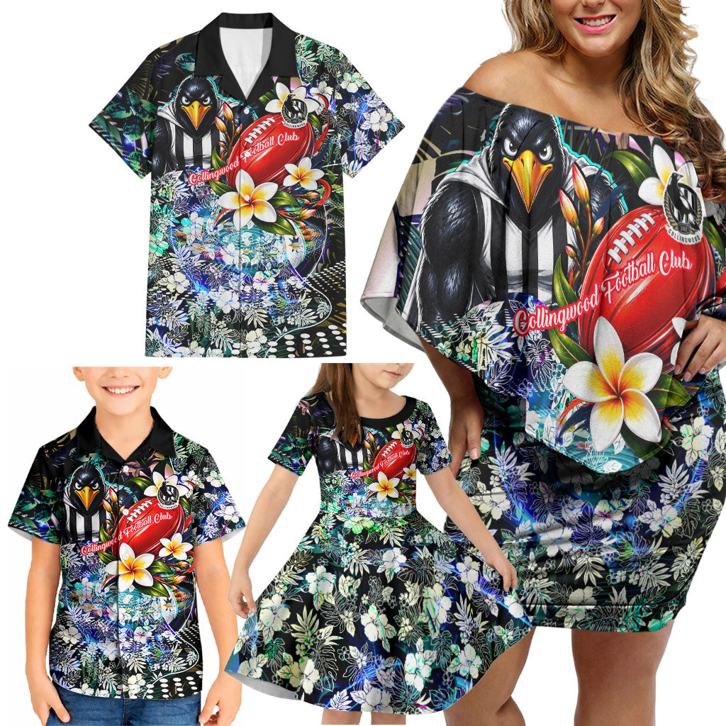 Personalized Collingwood Football Magpies Family Matching Off Shoulder Short Dress and Hawaiian Shirt Tropical Hibiscus Flowers - Pacific Fusion Style
